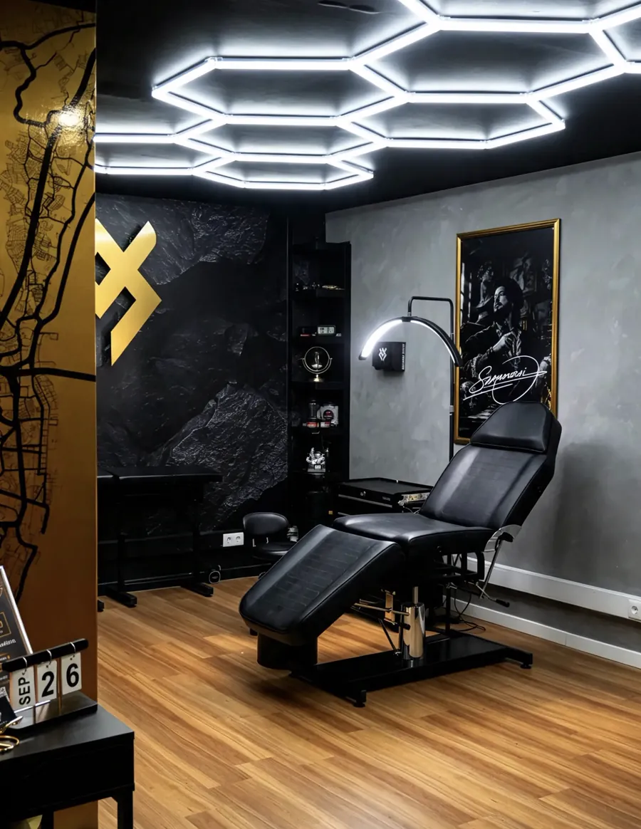 Sala de tatuagem do estúdio Samourai, com luz hexagonal e parede-mapa dourada