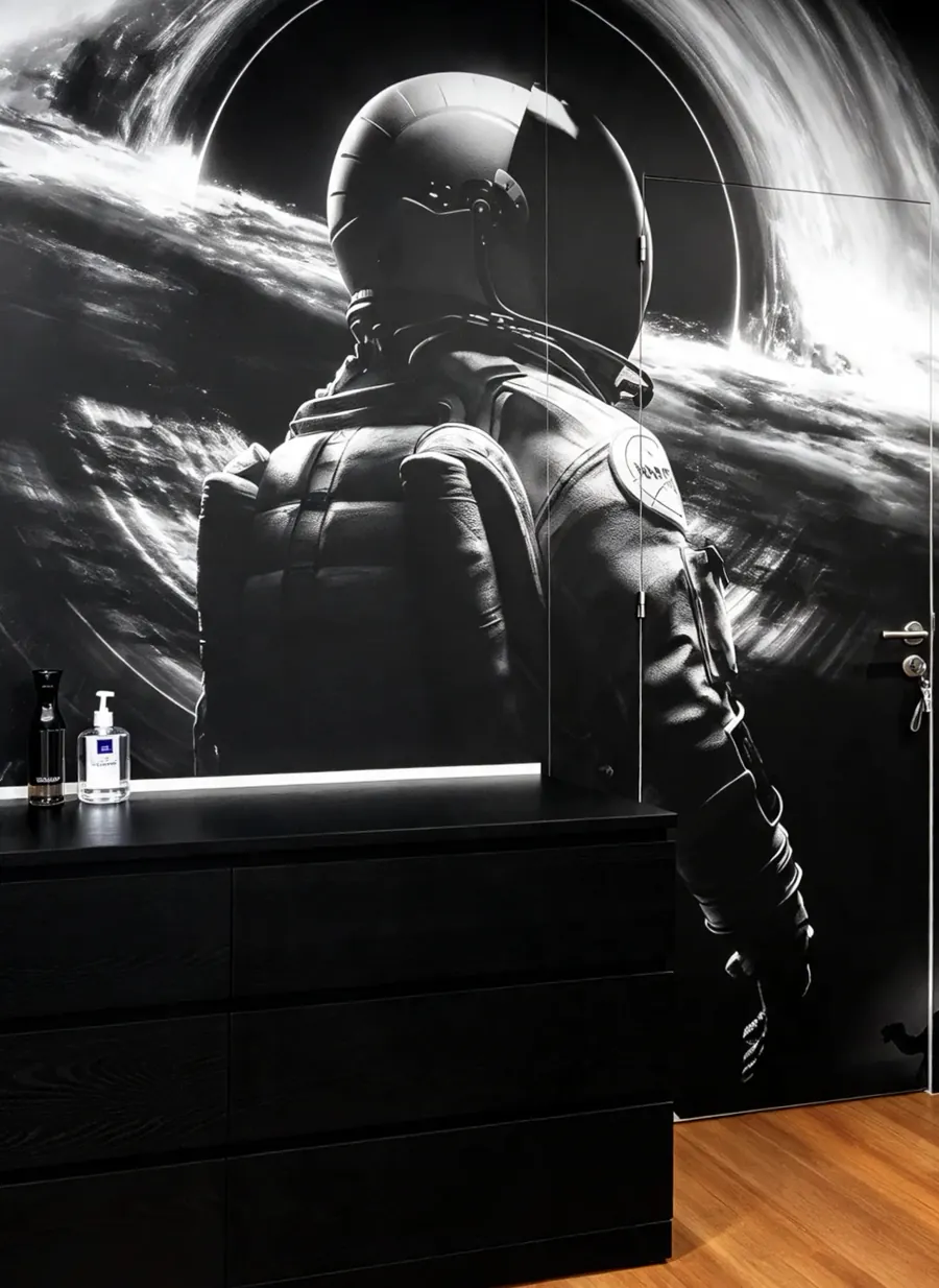 Receção com mural de astronauta a preto e branco