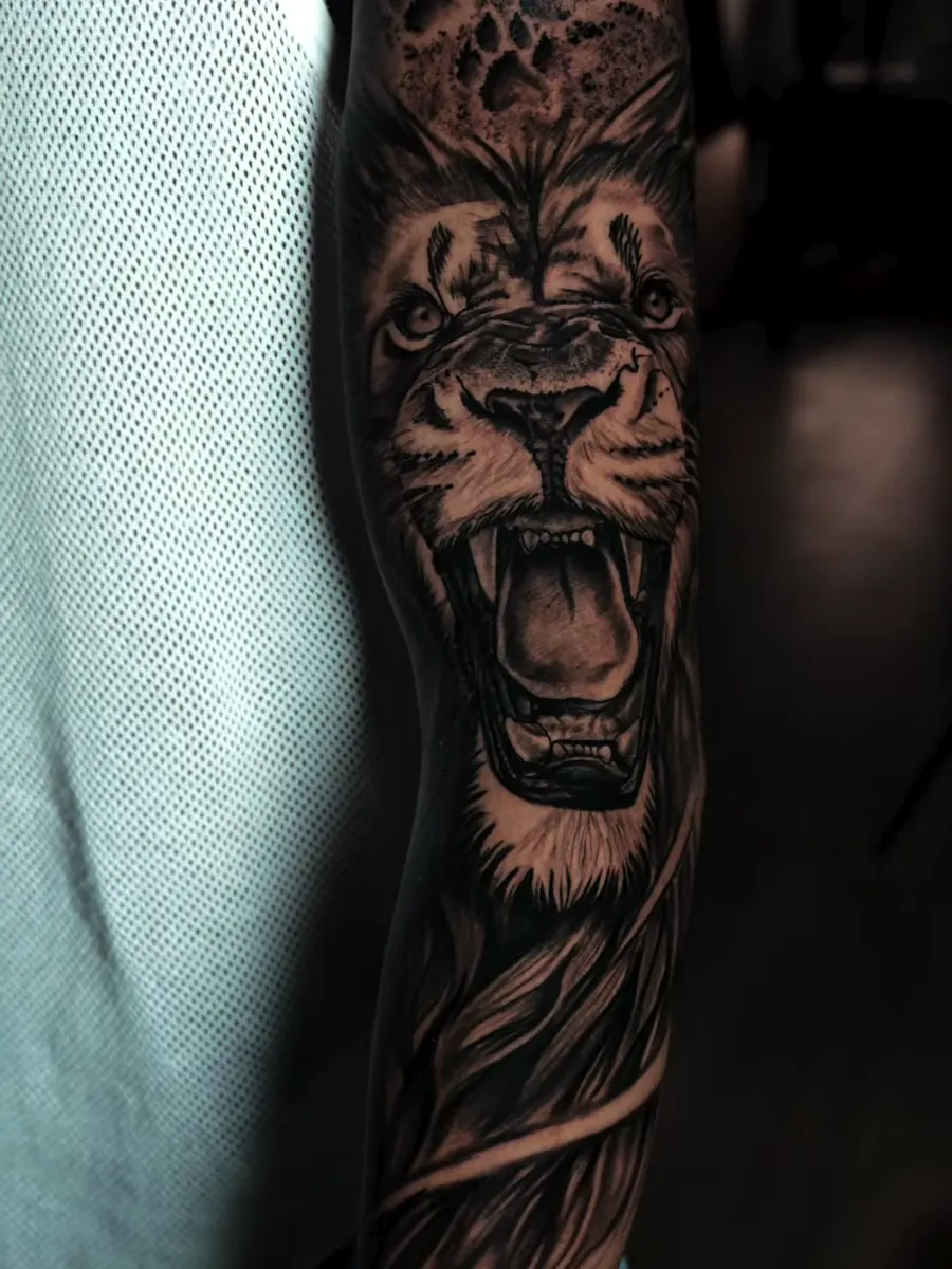 Detalhe do olhar da leoa e patas em black and grey